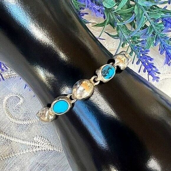 Vintage Silver & Turquoise Dome Link Bracelet - Picture 3 of 7
